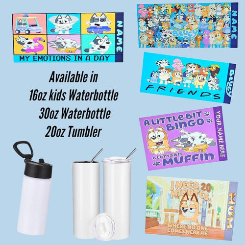 Bluey Water bottle/Tumbler- Blue heeler and friends designs kids / adult designs and sizes available. 16, 20, 30 oz options